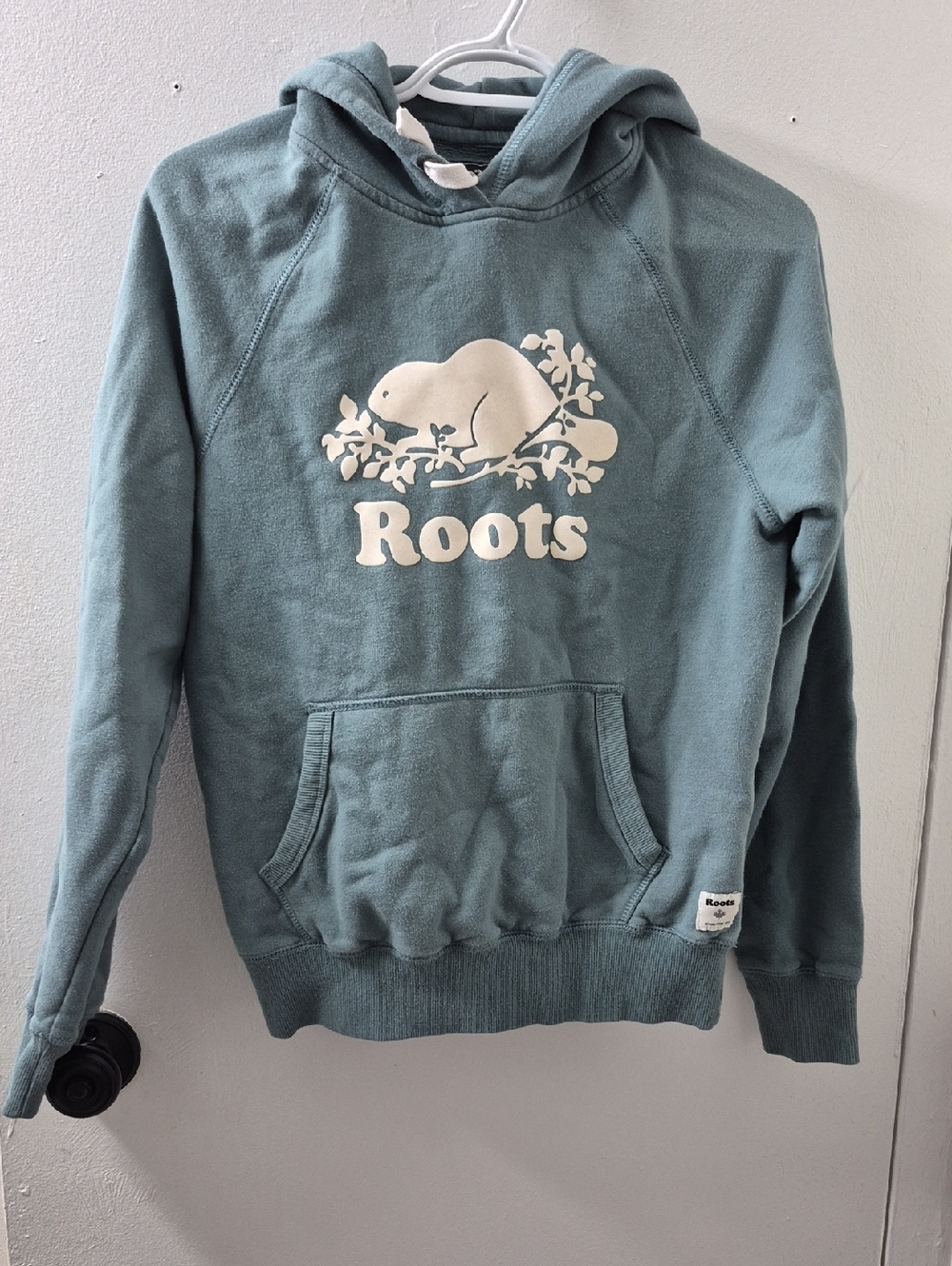 Roots Dusty Teal Hoodie with White Beaver Logo